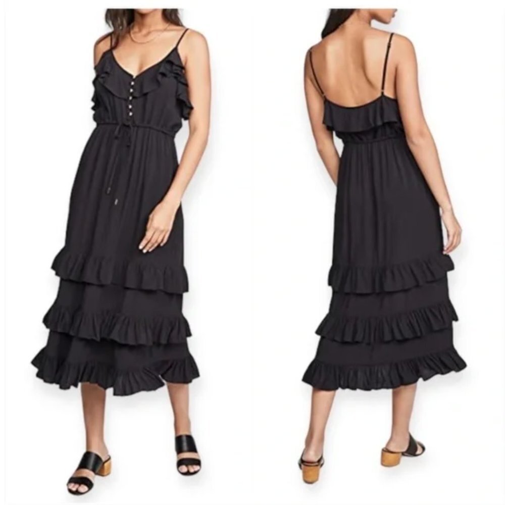 Melissa Odabash Bethan Frill Midi Dress Womens Small Black Over the Shoulder - Picture 2 of 14